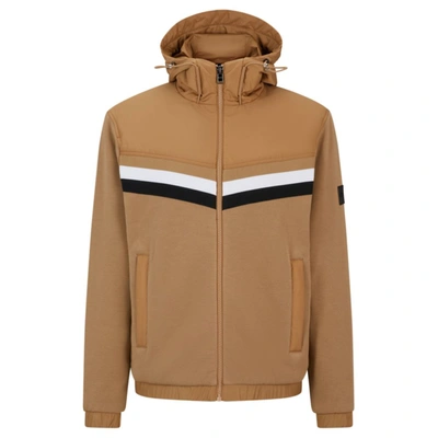 Hugo Boss Mixed-material Zip-up Hoodie With Signature-stripe Detail In Beige