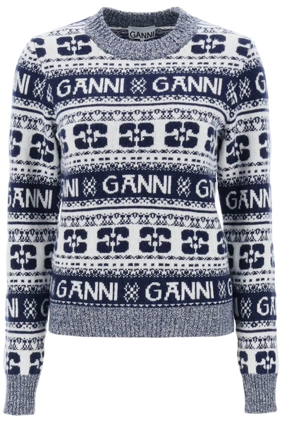 GANNI GANNI JACQUARD WOOL SWEATER WITH LOGO PATTERN