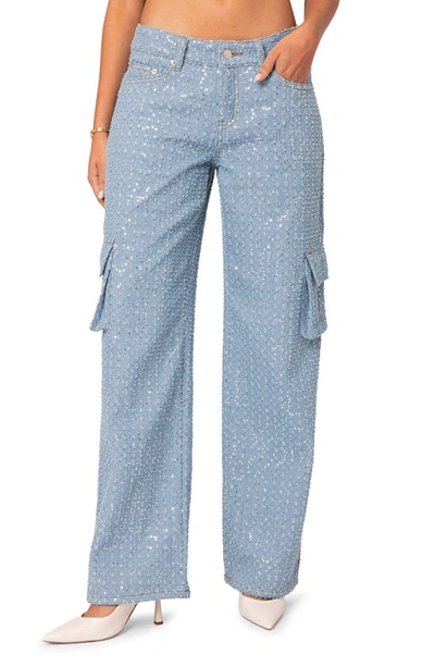 Edikted Icing Sequin Low Rise Cargo Jeans In Light Blue In Light-blue