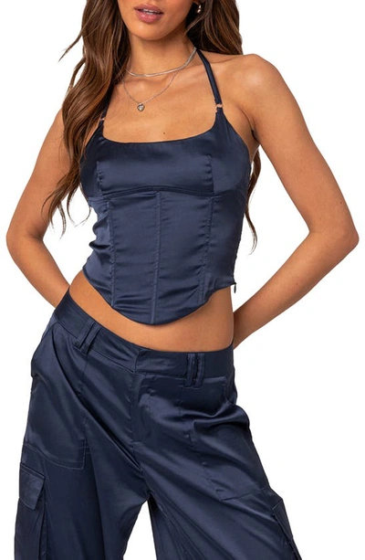 Edikted Kelsey Lace-up Back Satin Halter Neck Corset In Navy