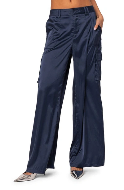 Edikted Kelsey Baggy Satin Cargo Pants In Navy