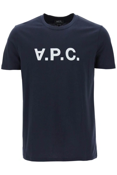 Apc Blue Cotton T-shirt With Logo Print In Navy