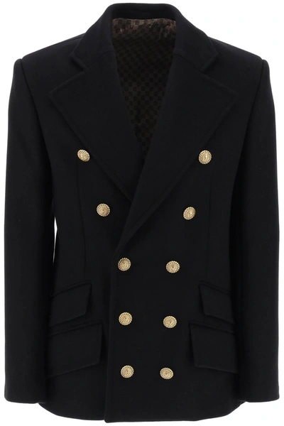 Balmain Double Breasted Wool Peacoat In Black