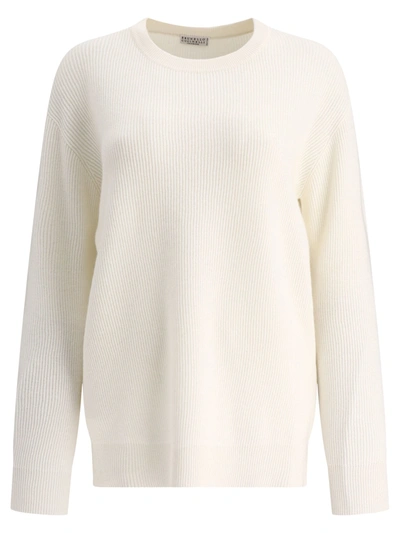Brunello Cucinelli Cashmere English Rib Sweater With Monili In White