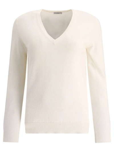 Brunello Cucinelli Cashmere Sweater With Monili In White