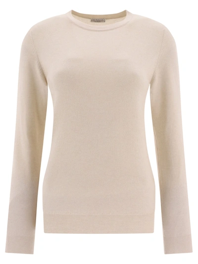 Brunello Cucinelli Cashmere Sweater With Monili In Beige