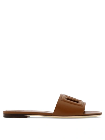 Dolce & Gabbana Leather Sliders With Logo Dg In Brown