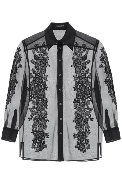 Dolce & Gabbana Organza Shirt With Lace Inserts In Black