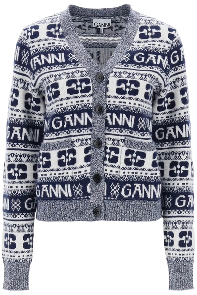 Ganni Graphic Blue Cardigan In Multi-colored