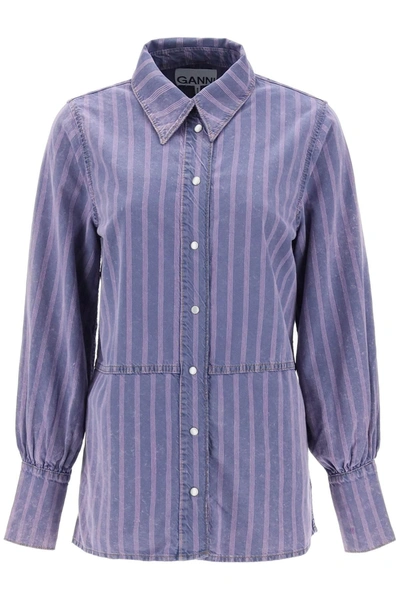 Ganni Striped Denim Shirt In Blue