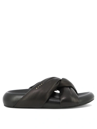 Marni Tie Leather Twist Slide Sandals In Black