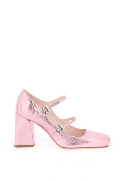 Roger Vivier Crinkled Metallic Leather Mary Jane Pumps With Rhinestone Buckle In Multicolor