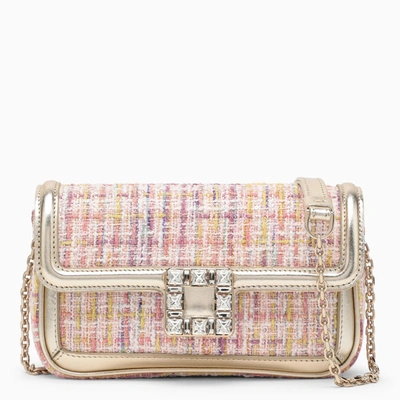 Roger Vivier Pink Bouclé Fabric Shoulder Handbag With Front Crystal Buckle And Gold Chain In Multicolor