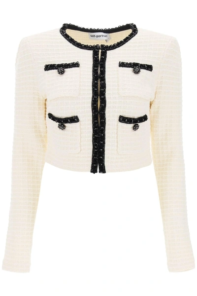 Self-portrait Textured Knit Cardigan In White