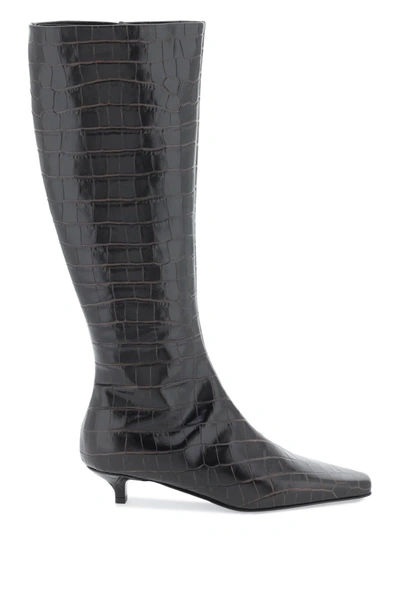 Totême The Slim Knee High Boots In Crocodile Effect Leather In Brown