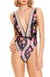 AGUA BENDITA ELLIS AGUJA BELTED FLORAL ONE-PIECE SWIMSUIT