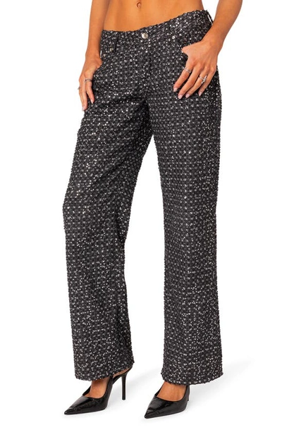 Edikted Nyah Sequin Low Rise Wide Leg Jeans In Black