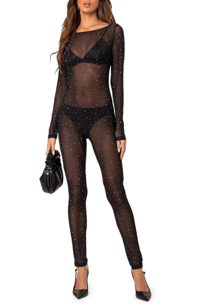 Edikted Kristine Rhinestone Sheer Long Sleeve Mesh Jumpsuit In Black