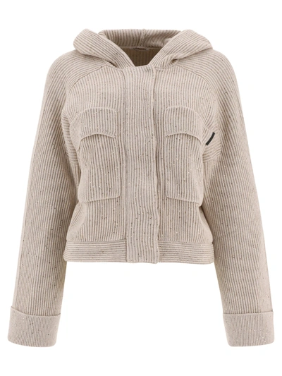Brunello Cucinelli Hooded Cardigan With Shiny Tab In Beige