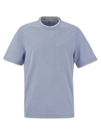 Brunello Cucinelli Men's Cotton Jersey Crew Neck T-shirt With Faux Layering In Blue
