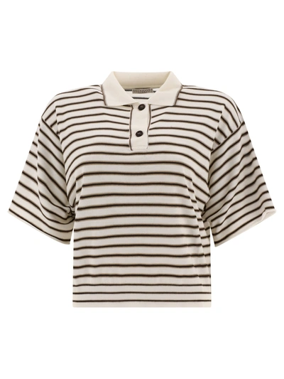 Brunello Cucinelli Women's Sparkling Stripe Lightweight Knit Polo T-shirt In Virgin Wool And Cashmere In White