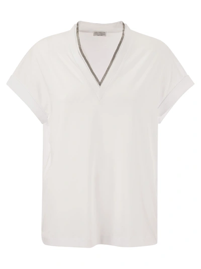 Brunello Cucinelli Stretch Cotton Jersey T-shirt With Precious Neckline In White