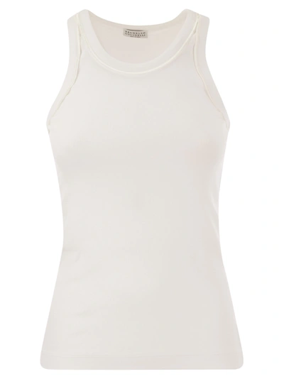 Brunello Cucinelli Stretch Cotton Rib Jersey Top With Satin Trims In White