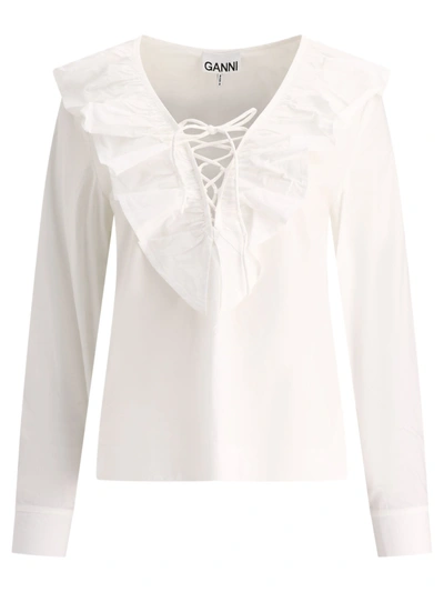 Ganni Ruffled Cotton Poplin V-neck Shirt In White