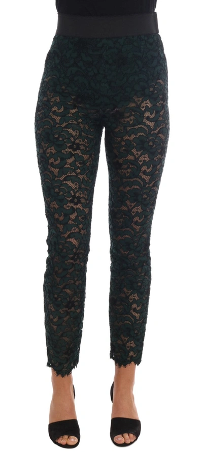 Dolce & Gabbana Green Floral Lace Leggings Pants In Black