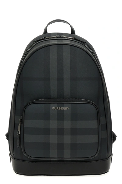 Burberry Logo Printed Checked Backpack In Gray