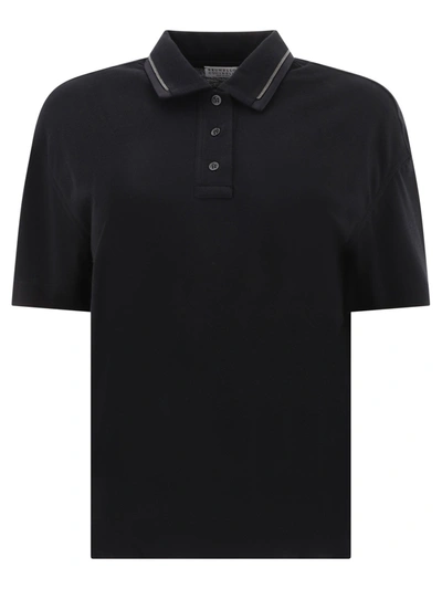 Brunello Cucinelli Piquet Polo Shirt With Monili In Black