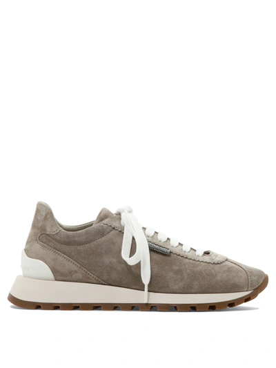 Brunello Cucinelli Beige Low Top Sneakers With Rubber Sole In Suede Woman