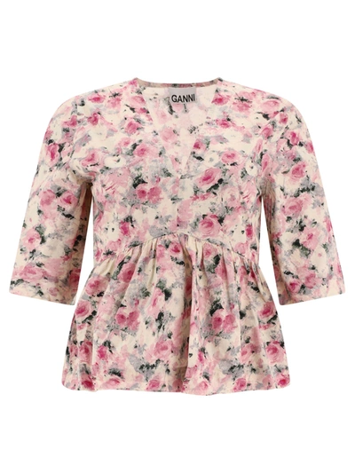 Ganni Printed Cotton V-neck Peplum Blouse In Multi