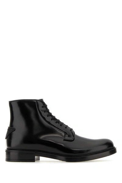 Prada Men's Leather Lace-up Boots With Triangle Logo In Black