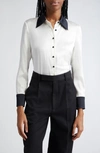 Alice And Olivia Willa Contrast Trim Stretch Silk Button-up Shirt In Off White/black