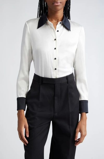 Alice And Olivia Willa Contrast Trim Stretch Silk Button-up Shirt In Off White Black