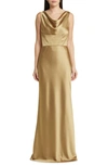 AMSALE COWL NECK CORSET SATIN GOWN