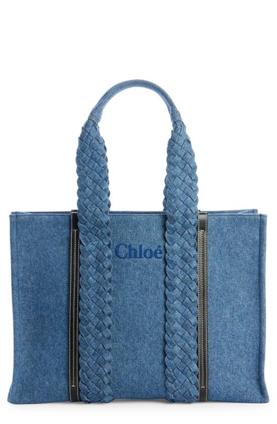 Chloé Large Woody Denim Tote Bag In Blue
