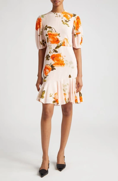 ERDEM FLORAL PRINT ASYMMETRIC RUFFLE SILK MINIDRESS