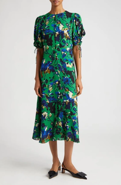 Erdem Floral Print Tie-cuff Midi Dress In Green