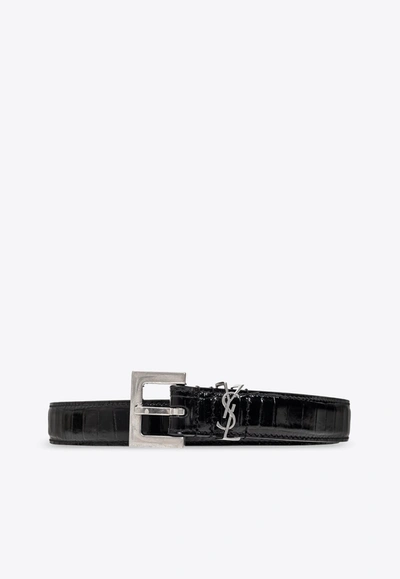 Saint Laurent Cassandre Croc-embossed Leather Belt In Black