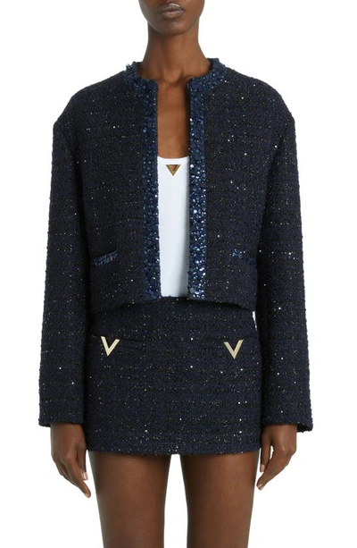Valentino Sequin-embroidered Metallic Glaze Tweed Jacket In Navy