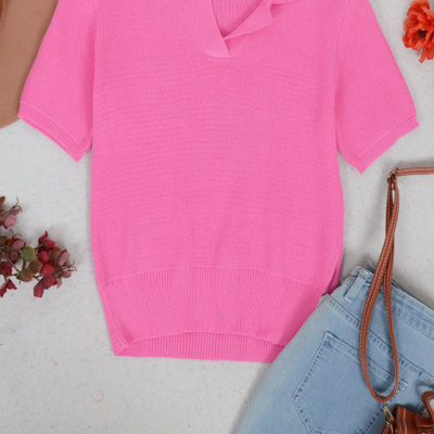 Anna-kaci V Neck Knit Collared Shirt In Pink