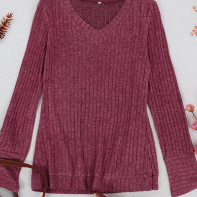 Anna-kaci Solid Color Ribbed Knit Sweater In Red