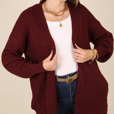 Anna-kaci Solid Color Eyelet Detail Cardigan In Red