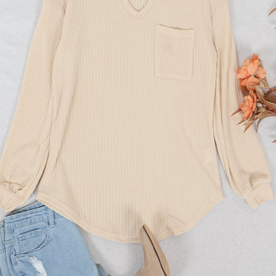 Anna-kaci Solid Waffle Knit Patch Pocket Sweater In White