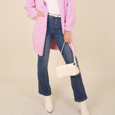 Anna-kaci Long Sleeve Overcoat Sweater Open Front Cardi In Pink