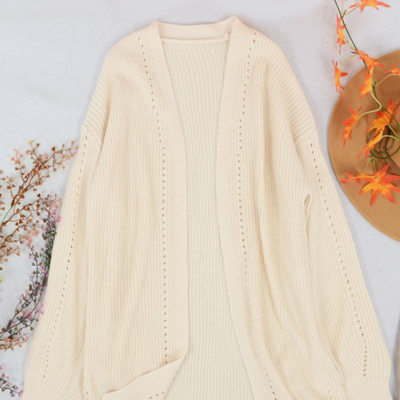 Anna-kaci Solid Color Eyelet Detail Cardigan In White