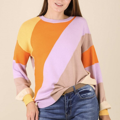 Anna-kaci Multicolor Block Round Neck Sweater In Orange