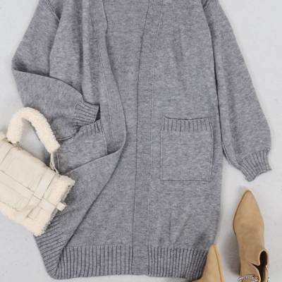 Anna-kaci Long Sleeve Overcoat Sweater Open Front Cardi In Grey